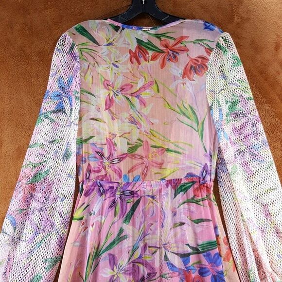 PATBO Womens Dress XS Pink Iris Floral Crochet Robe Tie Front Cascading Sheer - Picture 10 of 14